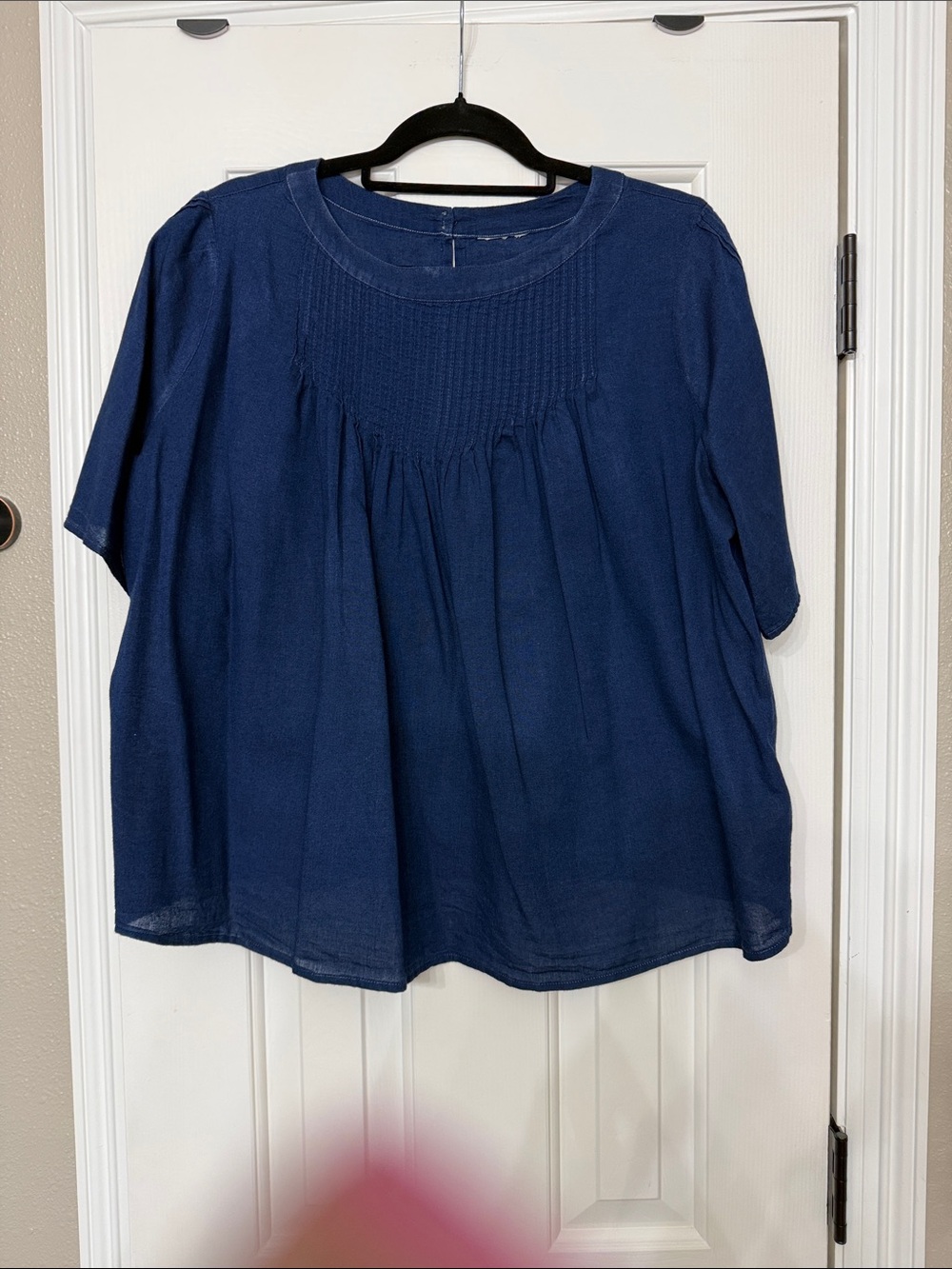 Navy Smocked Yoke linen Short Sleeve Top